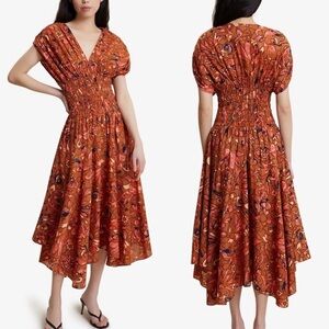 NWT A.L.C. Lucia Floral V-Neck Smocked Waist A-Line Midi Dress in Multi Size 12